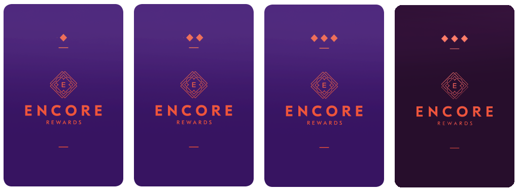Four purple ENCORE Rewards cards are shown in a row, each with a geometric logo, orange text, and diamond icons at the top. The cards range from light to dark shades of purple, representing the exciting tiers you can unlock when you play at Chances Casino Maple Ridge.